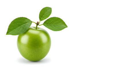 Green apple with leaves on white