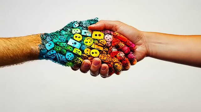Colorful hands made of vibrant dice shake hands symbolizing unity and creativity against a neutral background
