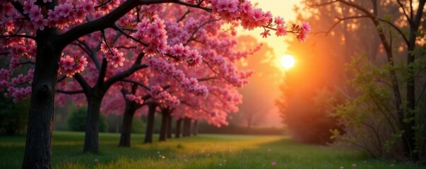 Sun setting behind pink flowering trees in a peaceful wood setting, forest, dusk