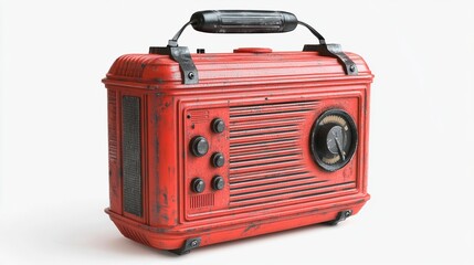 A weathered red portable radio with a black handle, featuring a vintage design, slightly distressed paint, and analog controls.  Its rectangular shape showcases a ribbed texture