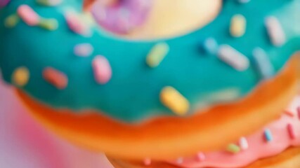 An assortment of vibrant donuts, glazed in pink, yellow, orange, blue and purple, are playfully floating against a soft-focus background with a pastel color gradient. The pink donut is the main focus