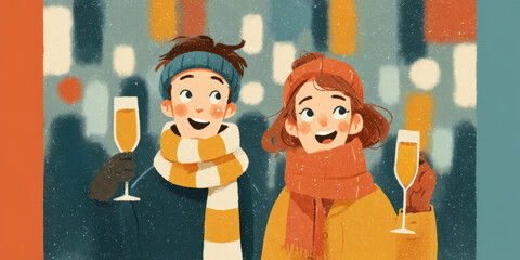 Modern illustration of people celebrating with wine and wearing sunglasses. Colorful artwork with abstract background and festive mood.