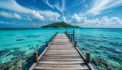 Fototapeta premium Tropical Paradise Pier Over Crystal Clear Water