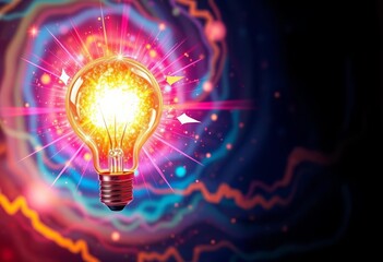 Vibrant lightbulb bursts with colorful energy, swirling cosmic backdrop, nebula, dreamlike