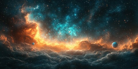 Fototapeta premium Vibrant cosmic clouds with glowing orange, blue hues and distant planets in a mesmerizing celestial landscape