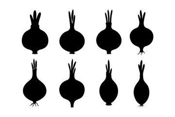 set of onion bulbs with roots black silhouette vector illustration