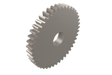 Metallic gear wheel with central hole on white. Technology, industry, engineering, and machinery concepts. Isolated 3D rendering. on a PNG Transparent Background