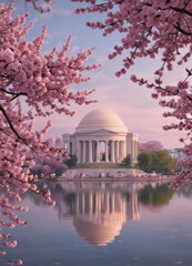 Obraz premium Pink cherry blossoms frame Jefferson Memorial, tourism, building, travel