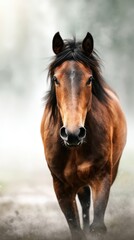 Obraz premium Beautiful brown horse walks confidently through misty landscape during early morning hours