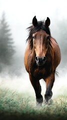 Obraz premium Majestic brown horse gallops through misty landscape surrounded by trees in early morning light