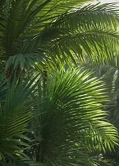 Fototapeta premium Vibrant green palm fronds, sunlight dappled, lush texture, flora, background, shadow