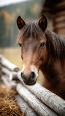 Obraz premium Beautiful brown horse looking curiously over a wooden fence in a tranquil rural setting during autumn