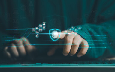 Cybersecurity and privacy concepts to protect data. Business Finger press on the fingerprint icon and internet network security technology. Virtual screen interfaces. cyber security.