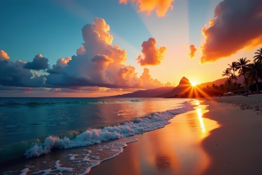 Vibrant sunset at Waikiki Beach with Diamond Head in the background, tropical, Hawaii, ocean