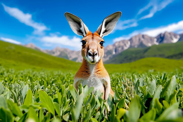 A small antelope sitting in a field of green grass