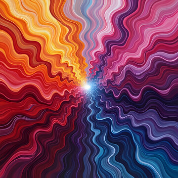 An abstract artwork with a radial pattern of bright, wavy lines that emanate outwards from the center, creating a sense of depth and movement.