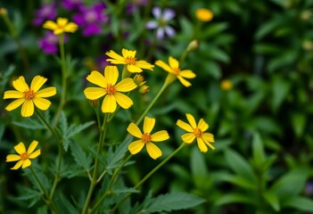 Vibrant yellow flowers bloom against a lush green backdrop, art, wildflowers