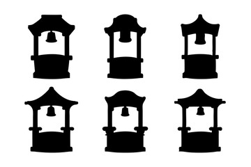 set of traditional wishing well structures black silhouette vector illustration