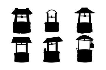 set of traditional wishing well structures black silhouette vector illustration