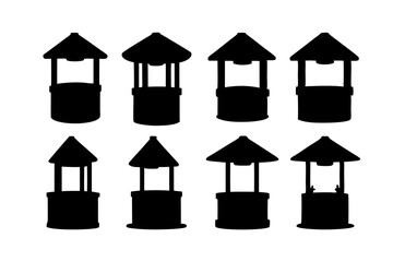 set of traditional wishing well structures black silhouette vector illustration