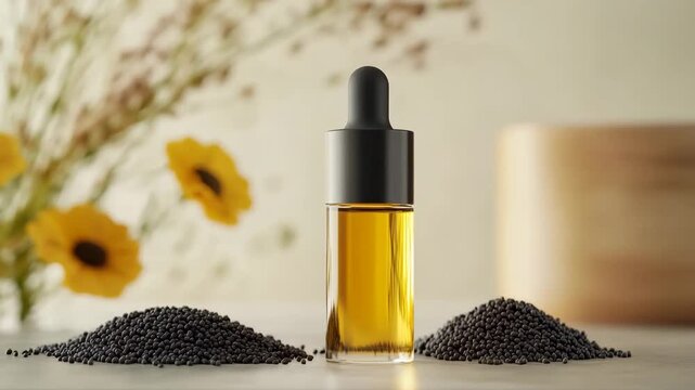 A bottle of oil is placed on a table next to a pile of black seeds. The bottle is made of glass and has a black cap. The seeds are scattered around the bottle