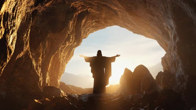 Religious video of Jesus Christ with open arms in cave, resurrection concept, faith, hope, and salvation through belief in God.