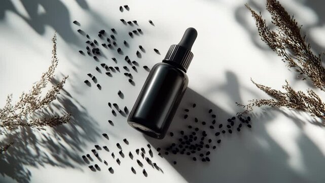 A bottle of oil is placed on a table with some black seeds scattered around it. The bottle is made of glass and has a black cap. The seeds are small and black