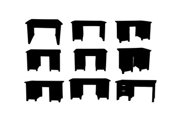 set of wooden desks for office or home black silhouette vector illustration
