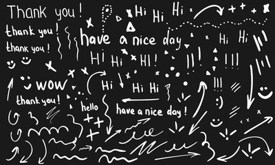 A set of decorative elements in the form of arrows, inscriptions, emoticons, words and other elements. Vector illustration, hand-drawn on a black background.