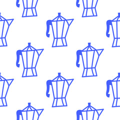 A cute simple seamless pattern with blue geyser coffee maker. Italian mocha pot line print.