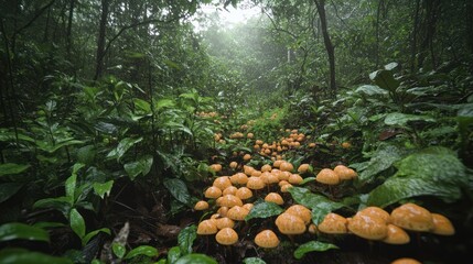 Rain forest path, mushrooms, misty jungle, wet foliage, nature