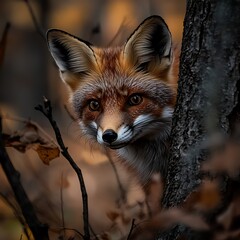 Obraz premium A Peeking Red Fox, Curious and Framed by Autumn Foliage, with a Soft Bokeh Background