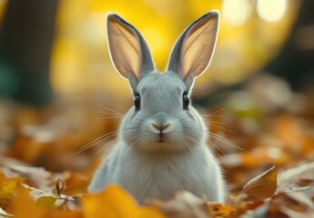 Obraz premium Adorable Gray Rabbit Amidst Autumn Leaves