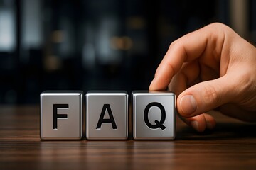 faq help question answer support information guide customer service assistance knowledge search website content business communication concept metallic blocks hand interaction digital banner