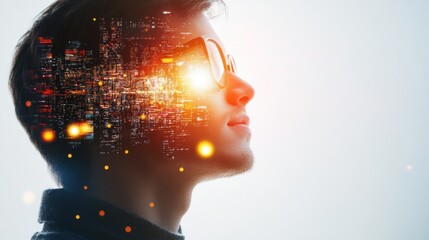 Young man cityscape double exposure futuristic technology concept