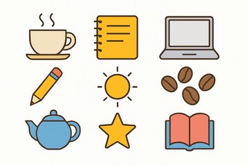 Flat vector icons of coffee tea notebook laptop pencil sun star coffee beans and open book on white background colorful office and lifestyle elements
