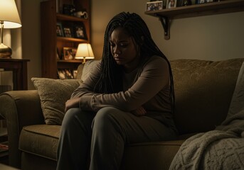 Obraz premium Young woman with braids sitting on a couch looking sad in a dimly lit living room