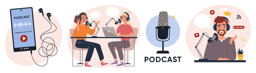 Podcast or online streaming collection. People recording radio podcast. Flat vector illustration