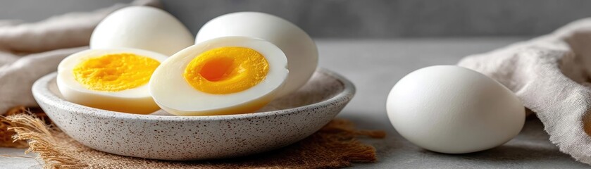 Fototapeta premium Simple cooking for nutrition with protein and yolk concept. Delicious boiled eggs in a bowl, perfect for healthy meals.