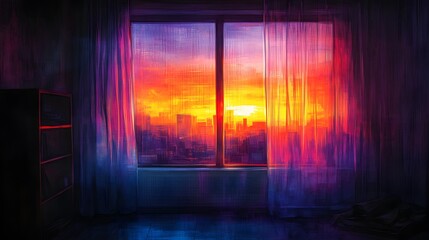 Naklejka premium Colorful sunset view through a window with vibrant curtains.