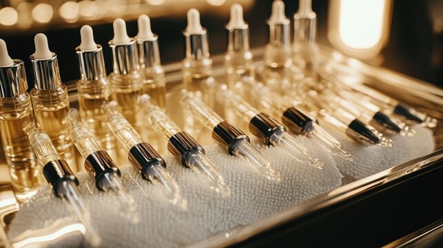 Row of cosmetic serum droppers and micro-needling tools on a sterile cloth