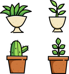 Plants vector icon set of 4 Potted with simple shading featuring cactus and other plants