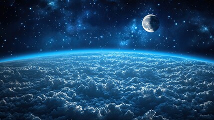 View of the Earth, the moon and stars in a blue dark sky