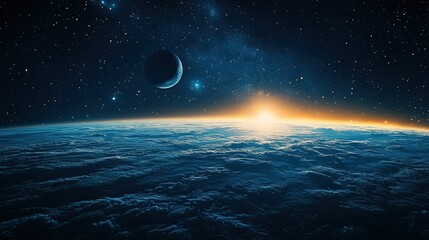 View of the Earth, the moon and stars in a blue dark sky