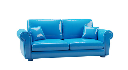 Bright blue sofa with pillows. Modern and stylish. 3D plastic style icon. Isolated on transparent or white background
