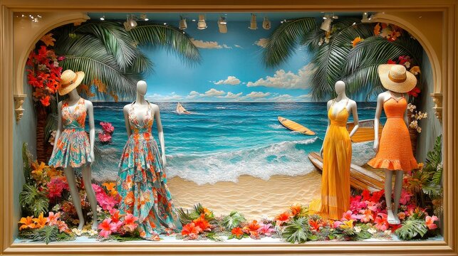 Colorful summer fashion display featuring beach-themed mannequins in a vibrant tropical setting