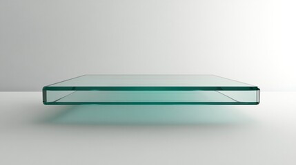 A slightly-tinted, rectangular glass slab rests on a white surface, its edges exhibiting a subtle bevel, casting a faint shadow.  The glass appears thick and smooth, with a minimal, modern aesthetic