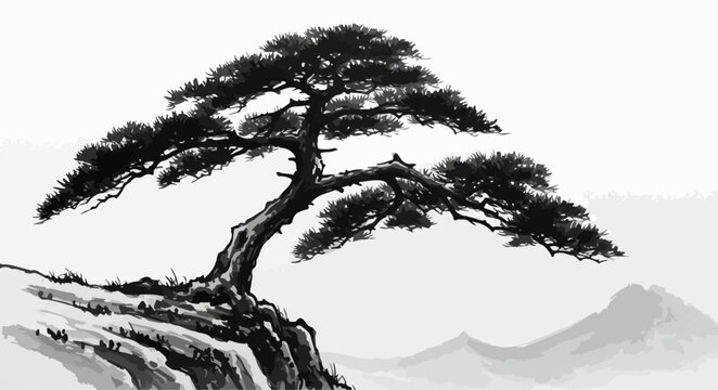 A lone pine tree growing from a cliffside, bent by years of wind. Captured in angular brush strokes that convey both resilience and isolation