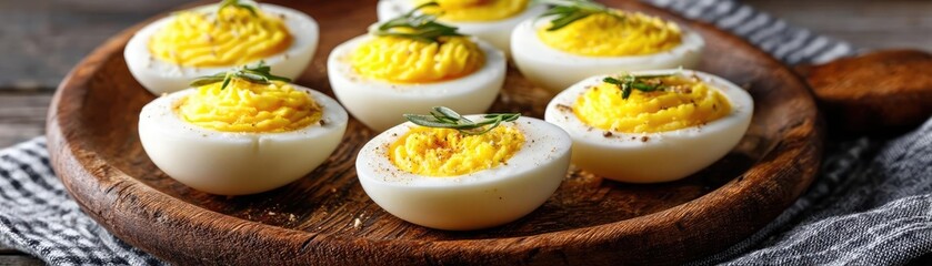 Picnic food for snack with shell and protein concept. Delicious deviled eggs served on a wooden platter.