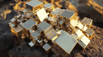 Golden pyrite crystals on dark rock, sunset